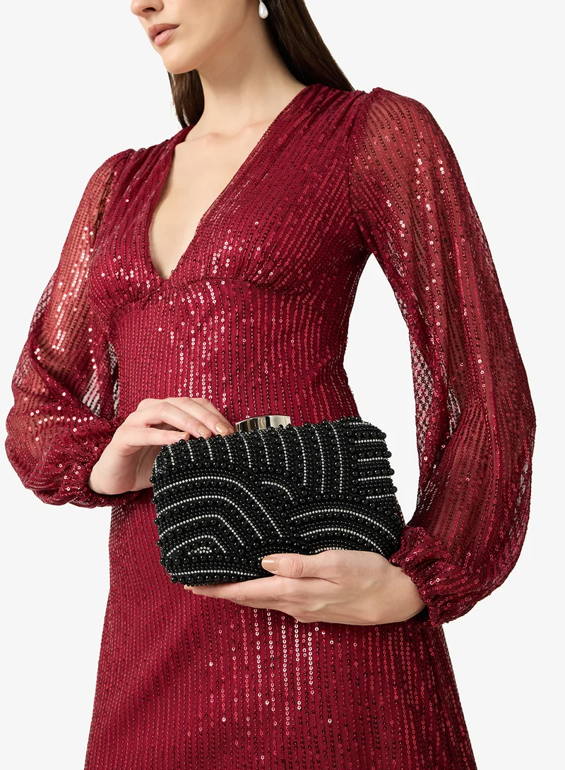Khizana Black pearl detailed embellished black accent clutch for Women | Best Price UAE